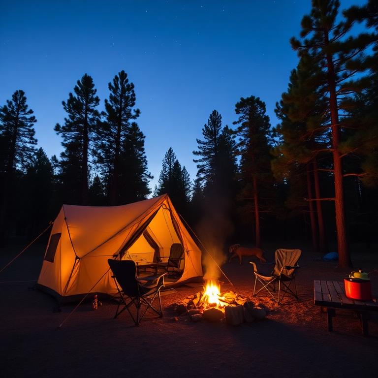 A glowing tent campsite at dusk in a Utah pine forest