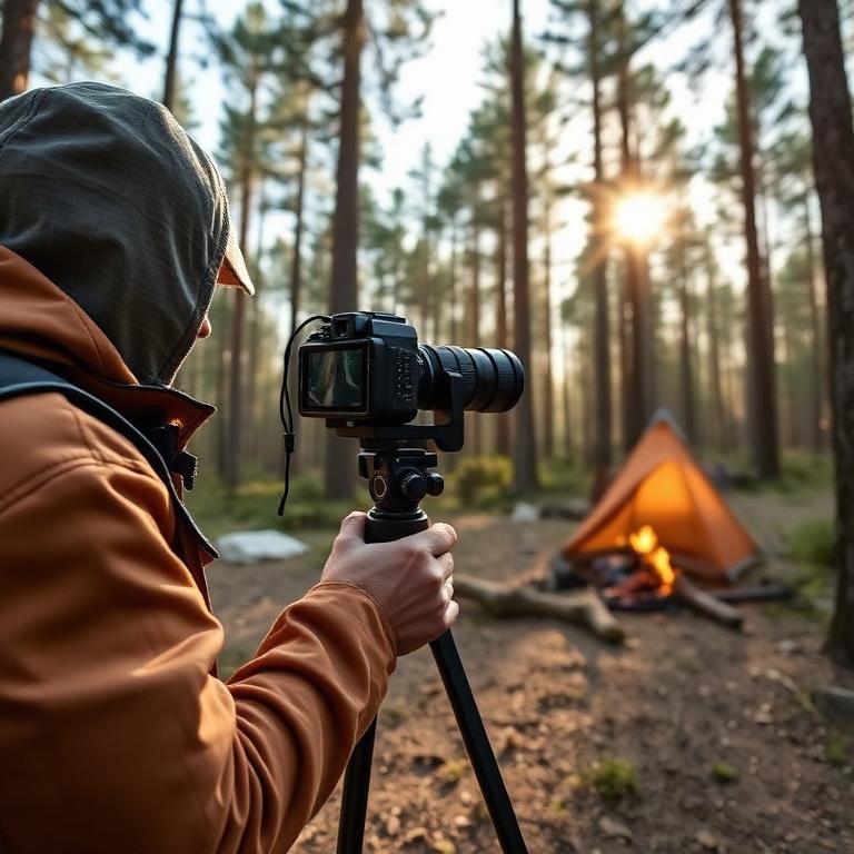 Capturing a 360° virtual tour at a forested campsite