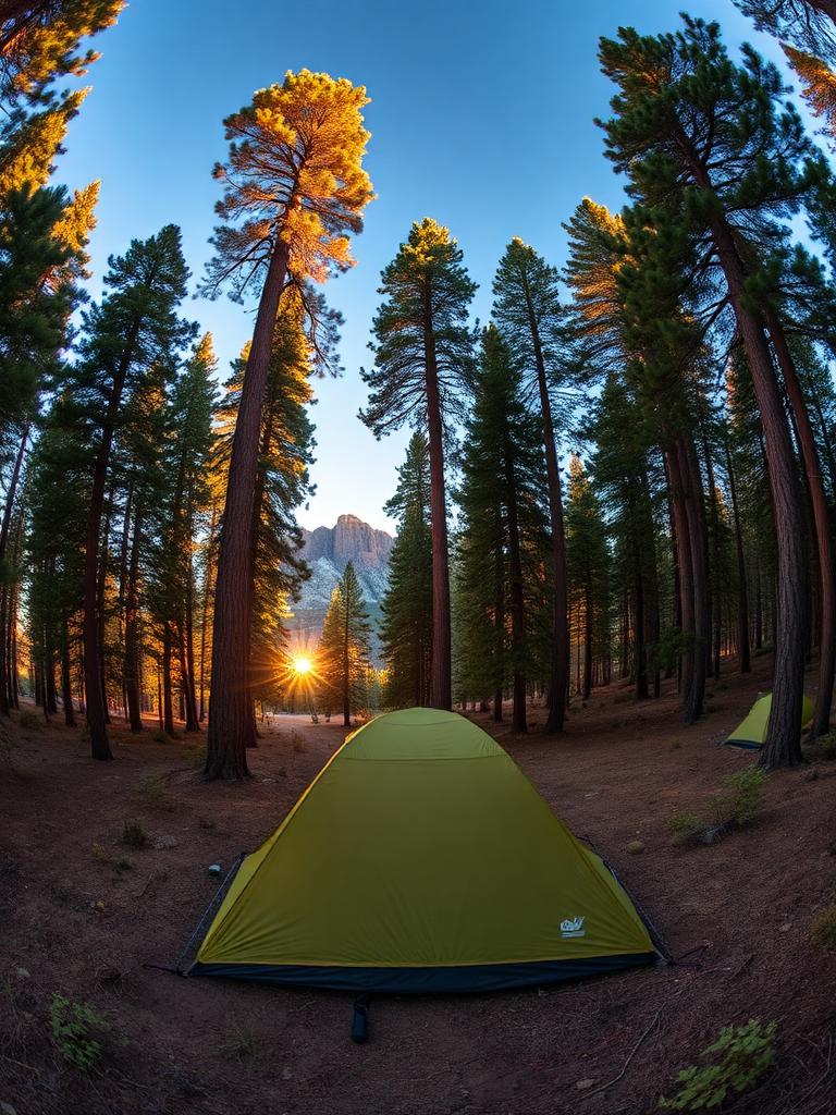 An immersive 360° view from the center of a pine-forest campsite at golden hour — the BLAZE 360 experience
