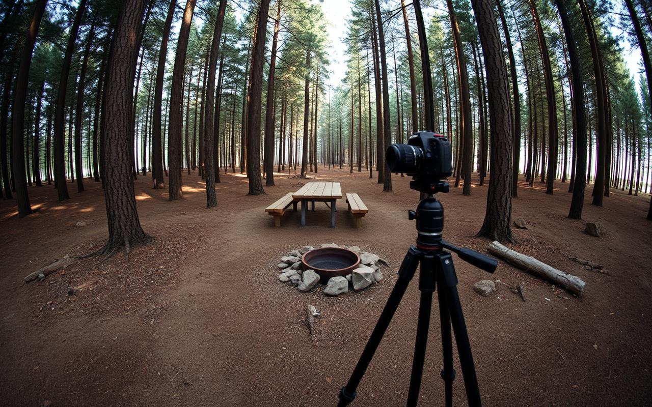 360-degree camera on a tripod capturing a pine forest campsite with picnic table and fire ring