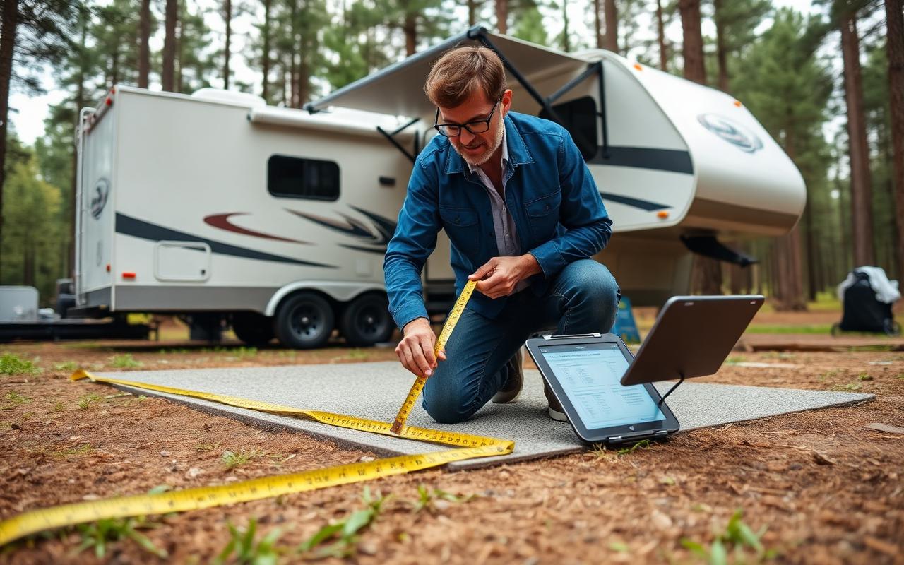 Measuring an RV campsite pad with a tape measure while recording site details on a tablet