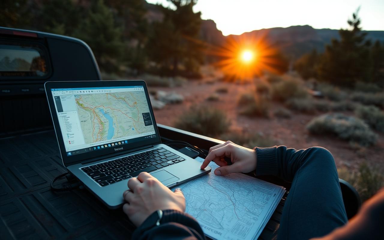 Researching Utah campground map data on a laptop from a truck tailgate at sunset