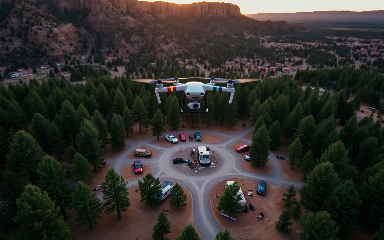 Drone flying above a forested Utah campground loop showing campsite pads and terrain