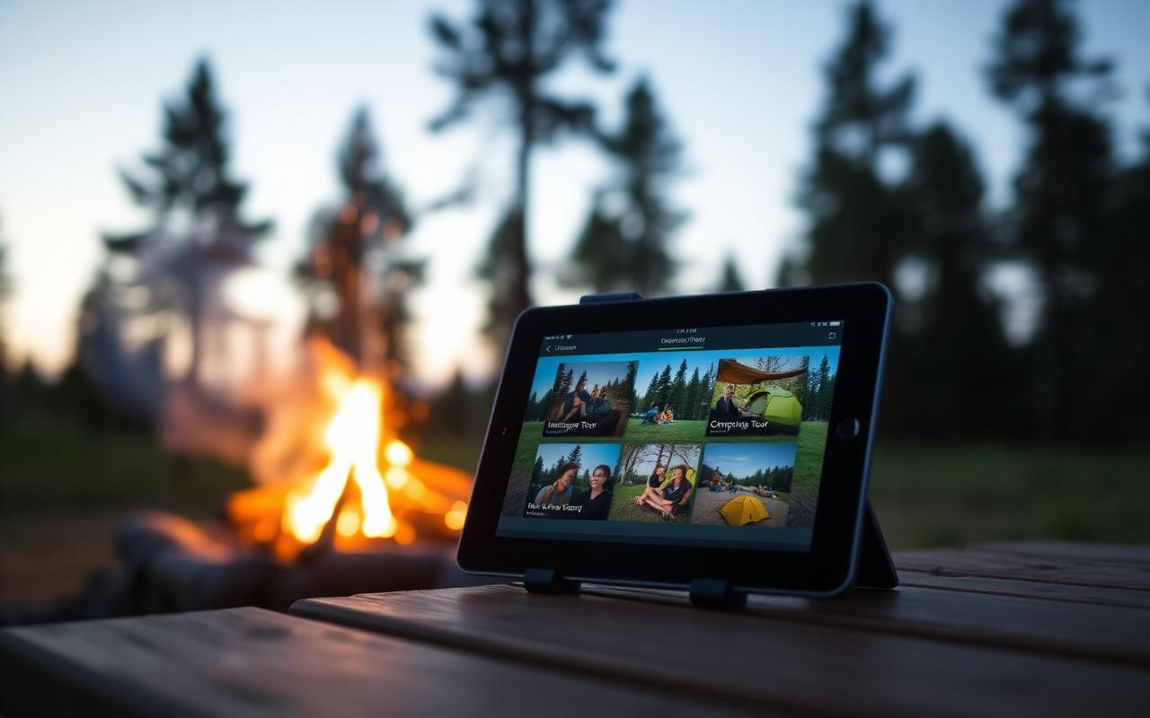 Tablet at a campsite showing BLAZE 360 campsite tours beside a campfire at dusk