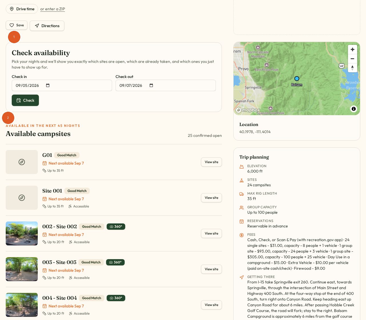 A BLAZE 360 campground page showing the availability checker and the list of available campsites with match badges