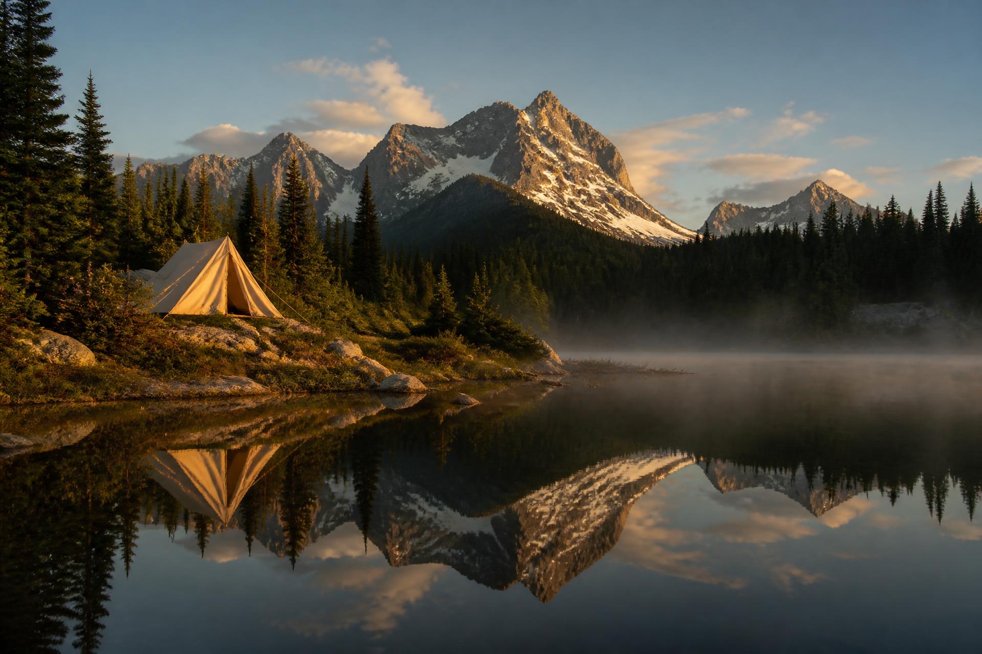 Alpine campsite at golden hour